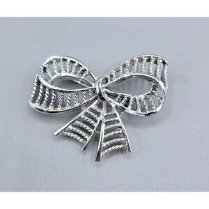 Bow Brooch Tied Rope Texture Metal Silver Tone
